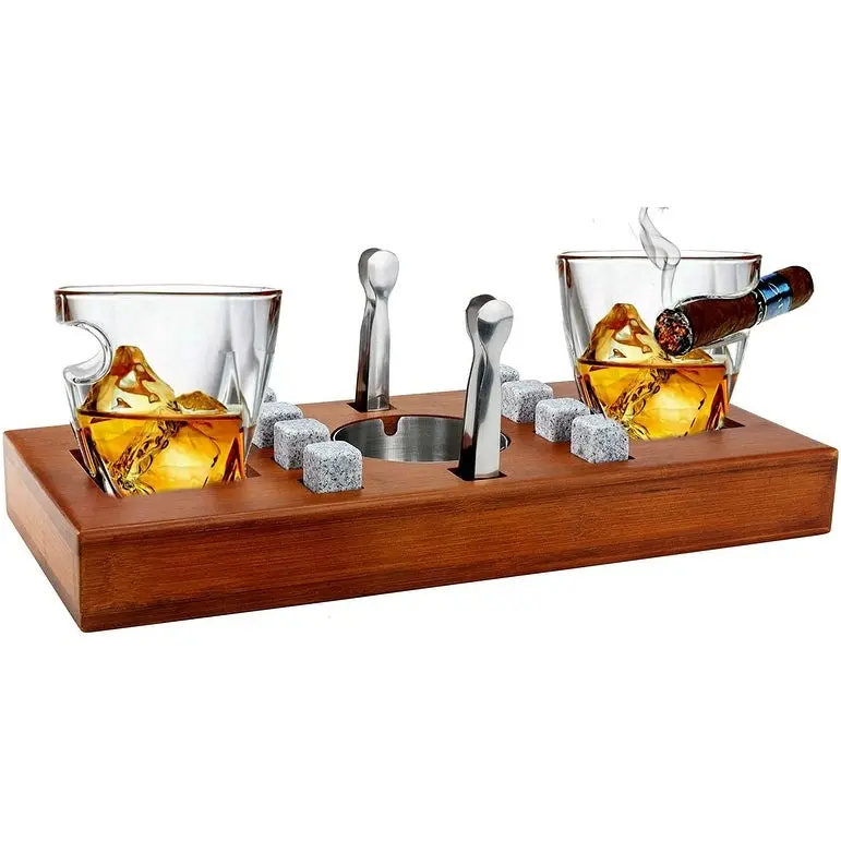 Bezrat 14-Piece Whiskey & Cigar Gift Set – Mahogany Display Base Included 1