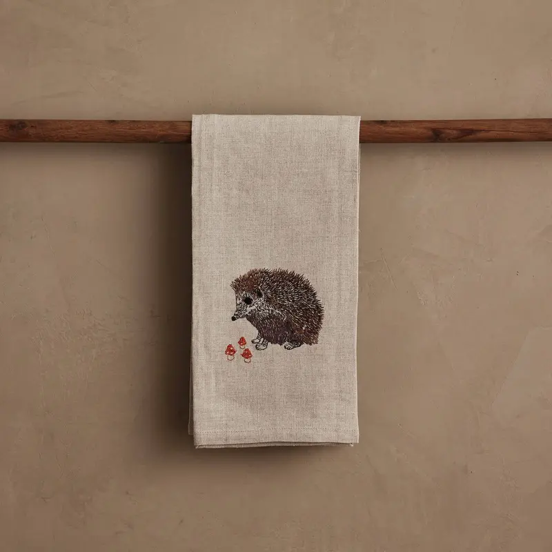 Coral & Tusk Hedgehog With Mushrooms Tea Towel – Illustrated Cotton Kitchen Towel 1