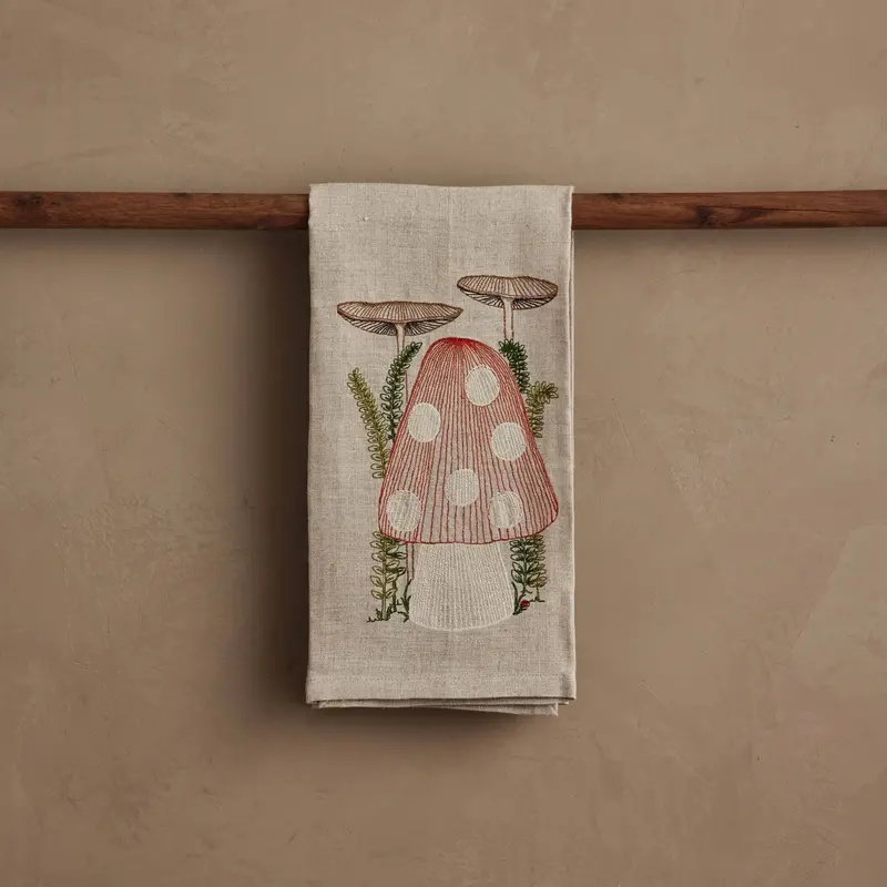 Coral & Tusk Mushroom Motif Tea Towel – Foraged-Forest Cotton Kitchen Towel 1