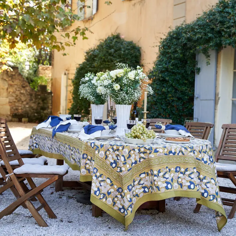 Couleur Nature Forest Harvest French Tablecloth – Mustard And Navy, Large Size 1