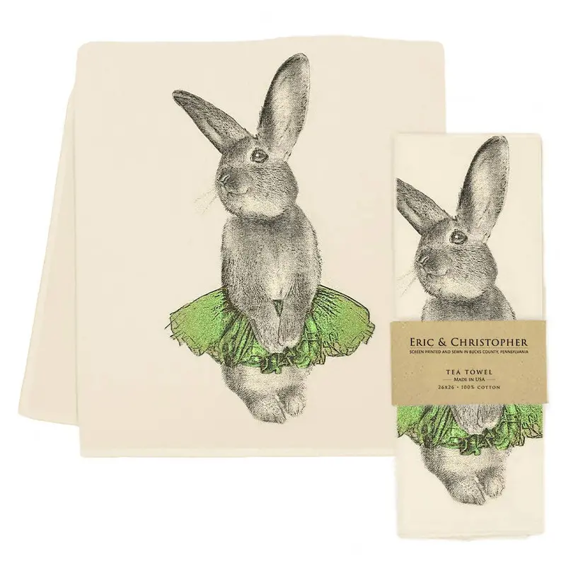 Eric & Christopher Bunny Tutu Tea Towel – Botanical Green Linen Kitchen Cloth 1