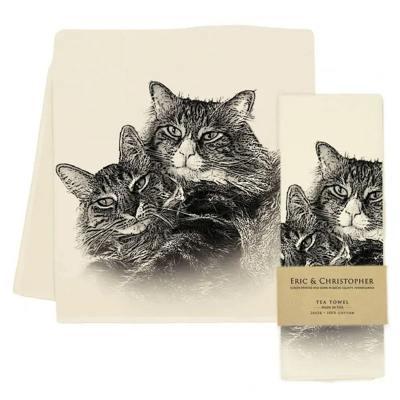 Eric & Christopher Cuddle Cats Illustration Tea Towel 1