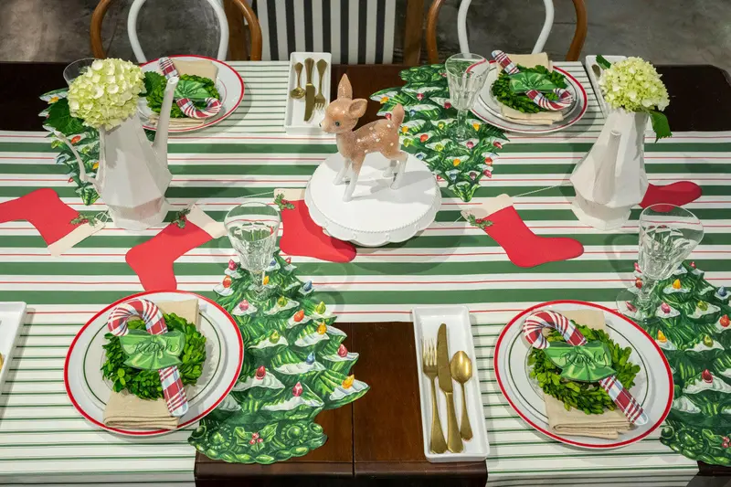 Hester & Cook Awning Stripe Table Runner – Red-And-Green Cotton Decorative Linen 1