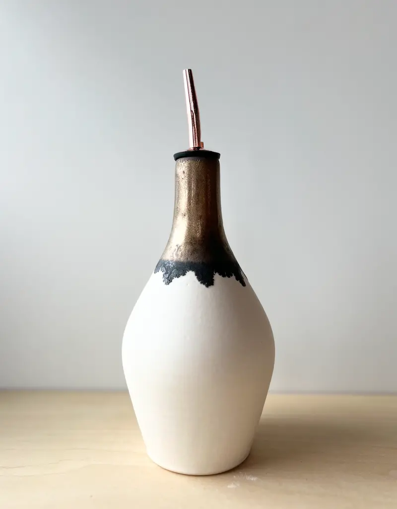 Jessica Wertz Ceramics Gold-And-White Oil Bottle In Matte Black Finish 1