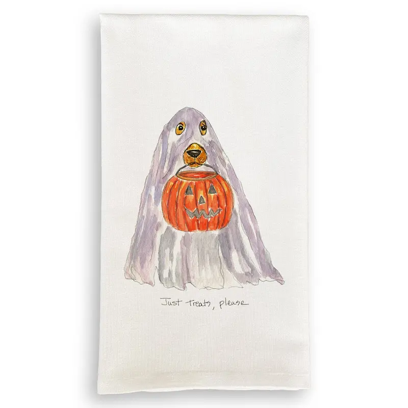 'Just Treats Please Ghost' French Graffiti Guest Towel – White Linen, Bold Lettering 1