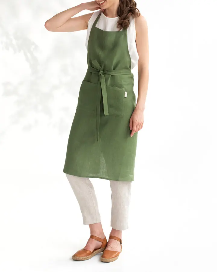 Magiclinen Forest Green Linen Bib Apron For Chefs & Artisans 1