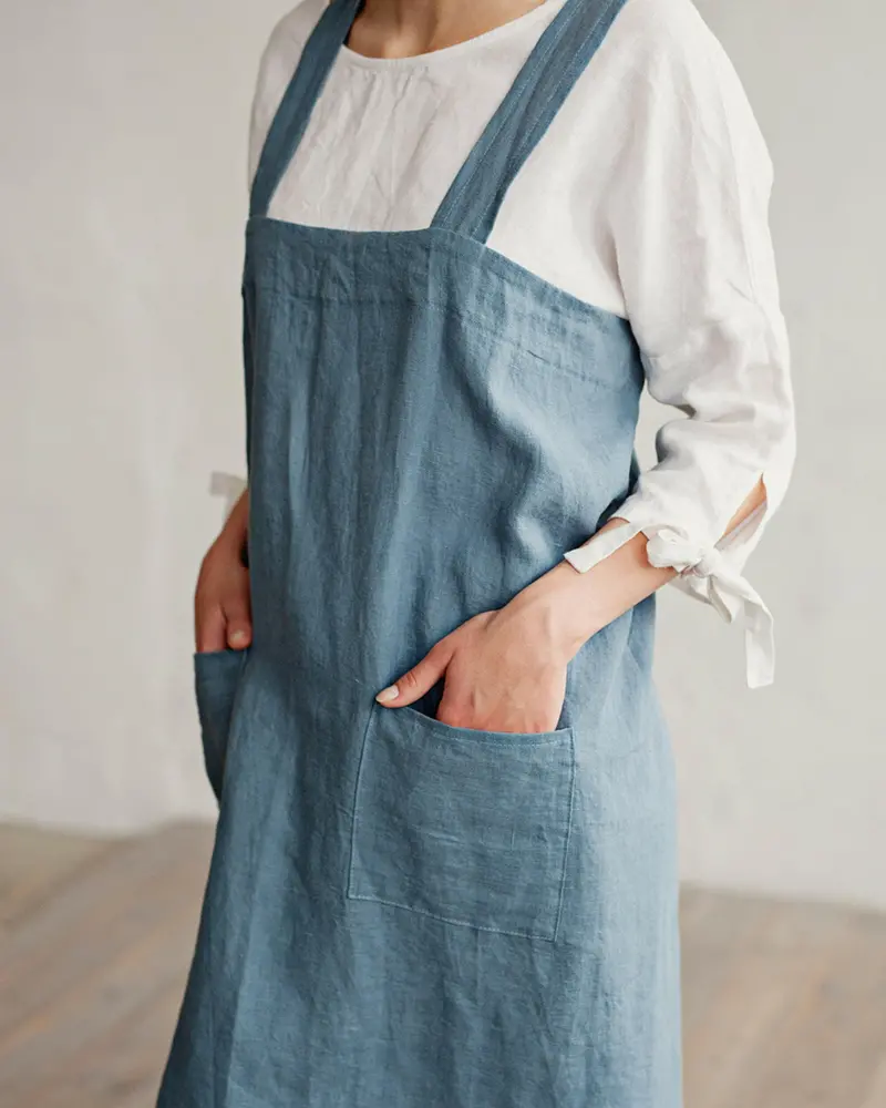 Magiclinen Gray-Blue Japanese Cross-Back Linen Apron (L–Xl) 1