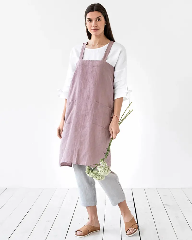 Magiclinen Woodrose Japanese Cross-Back Linen Apron (S–M) 1