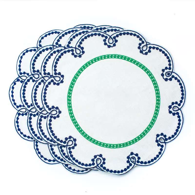 Misette Fête Blue And Green Embroidered Linen Placemats 1