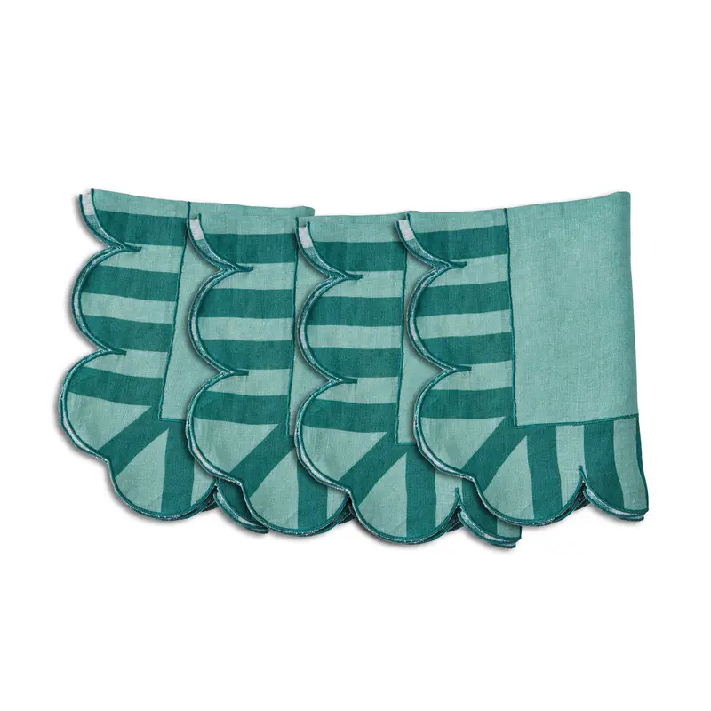 Misette Jardin Scalloped Stripe Linen Napkins – Emerald Green Set Of 4 1