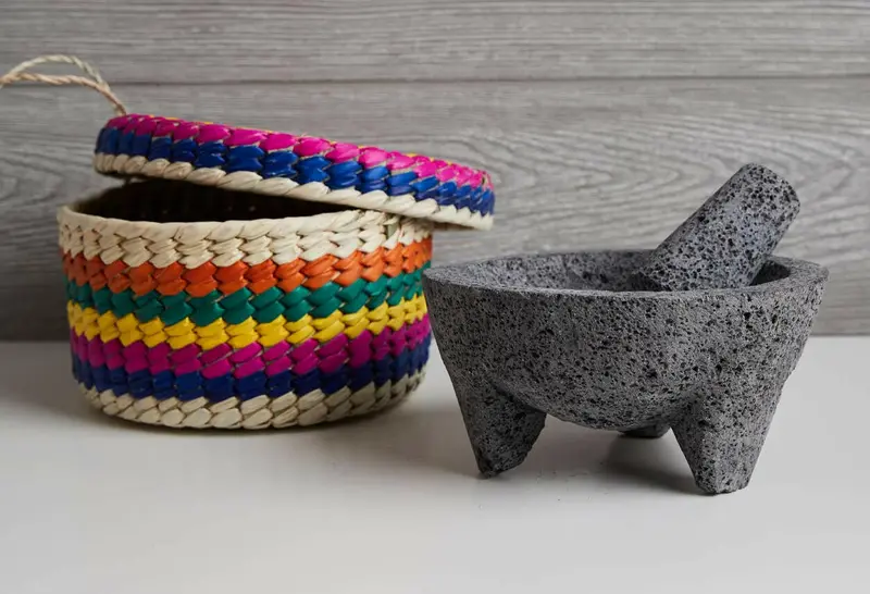 Molcajete Mortar And Pestle With Woven Tortilla Basket Set 1