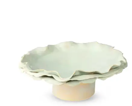 Ruffled Ceramic Dish On Stand – Textured Rim Serving Piece 1
