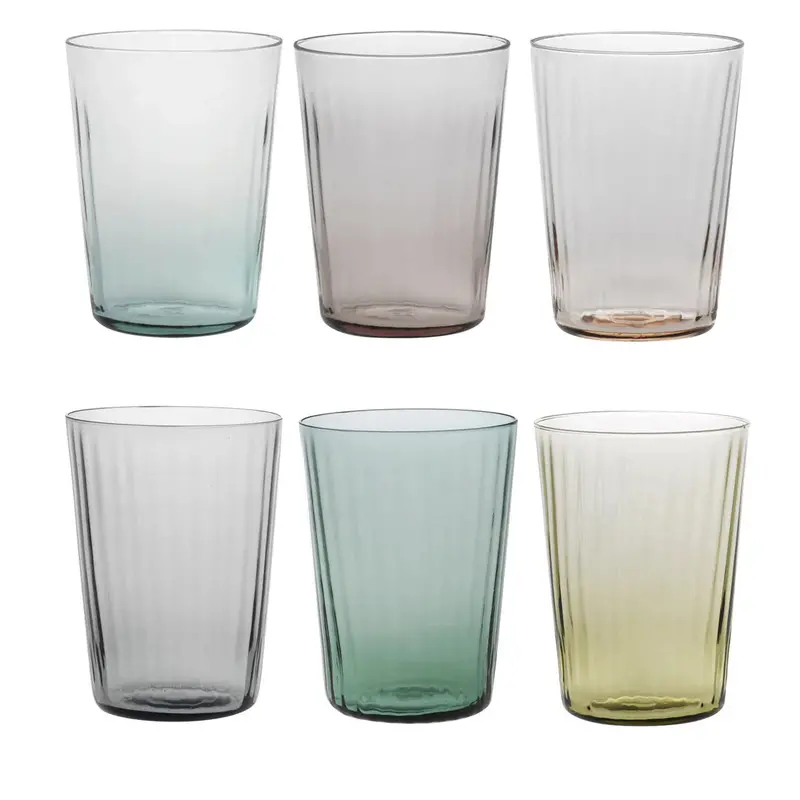 Set Of 6 Plissé Multicolor Tall Water Glasses – Artisanal Ribbed Design 1