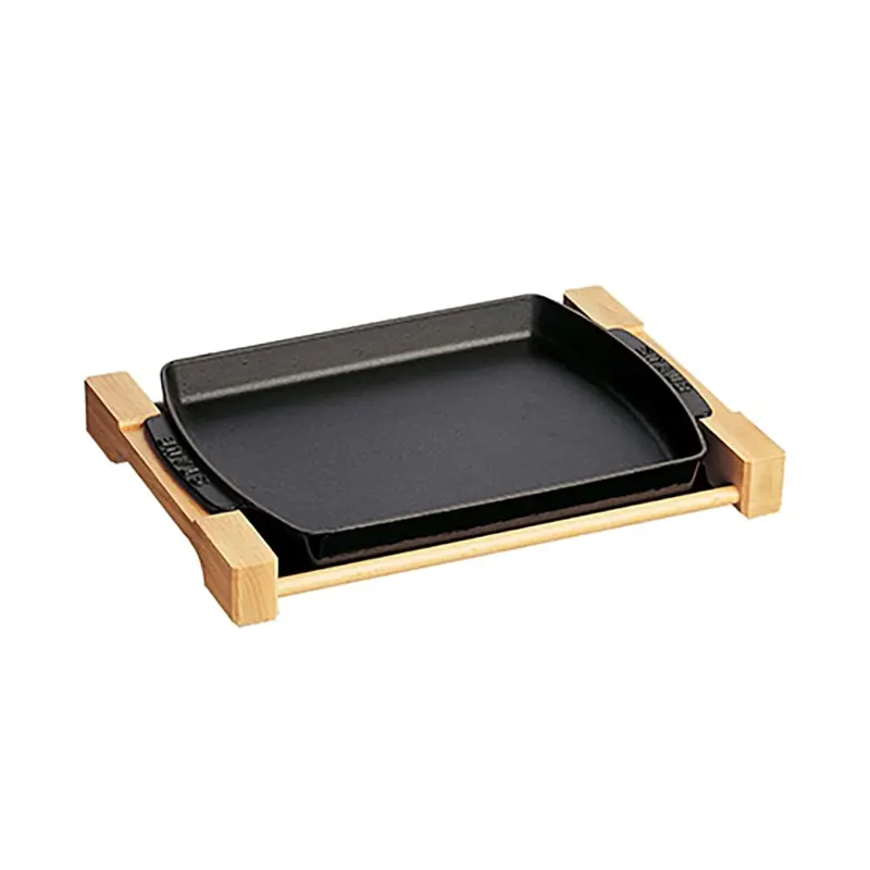 Staub Black Enameled Cast Iron Rectangular Serving Dish With Wooden Base 1