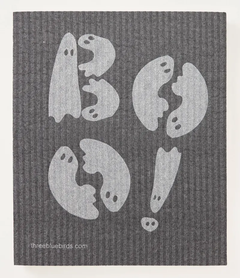 Three Bluebirds Boo! Graphite Swedish Dishcloth – Spooky Season Towel 1