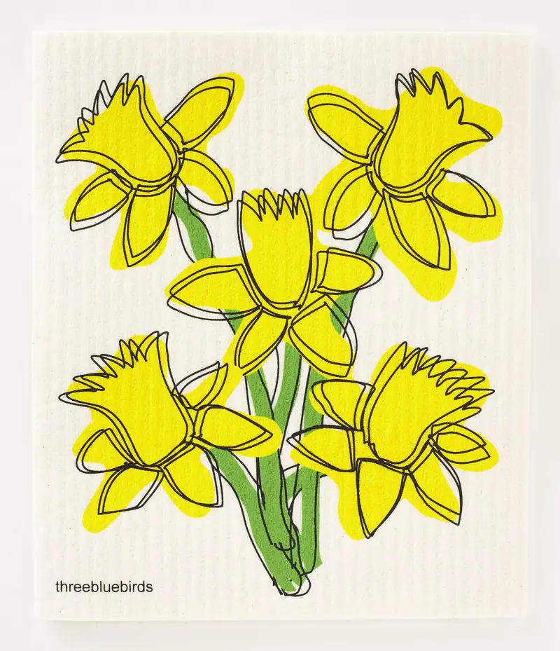 Three Bluebirds Daffodil Print Swedish Dishcloth 1