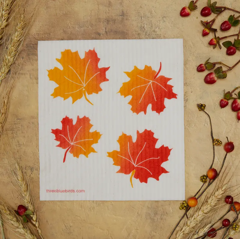 Three Bluebirds Maple Leaves Swedish Dishcloth – Fall-Inspired Pattern 1