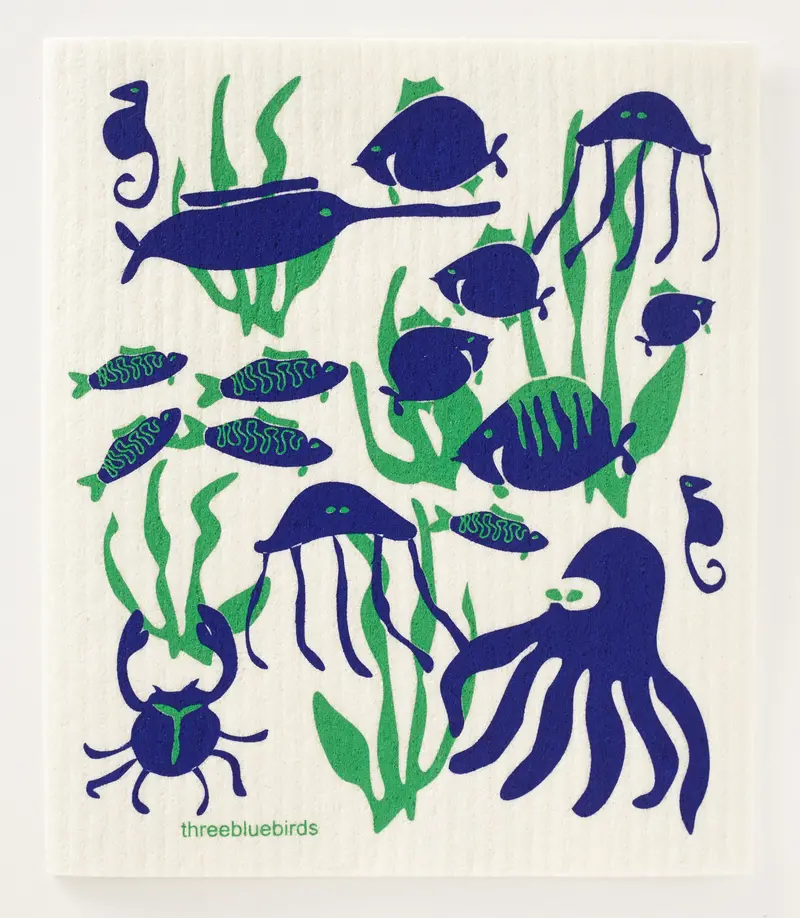 Three Bluebirds Sea Life Swedish Dishcloth – Eco-Friendly Reusable Kitchen Cloth 1