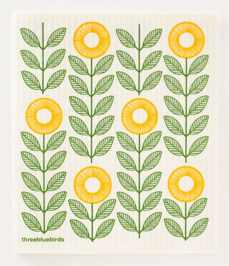 Three Bluebirds Sunflower Print Swedish Dishcloth 1