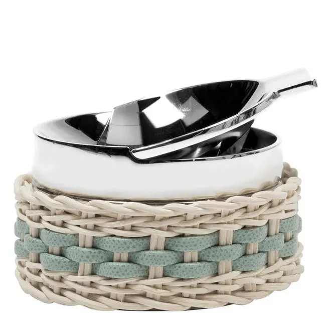 Toledo Green Leather & Rattan Ashtray With Artisan Craftsmanship 1