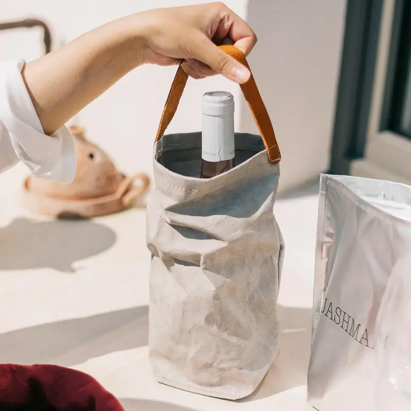 Uashmama Insulated Wine Tote Bag – Soft Grey Linen Texture 1
