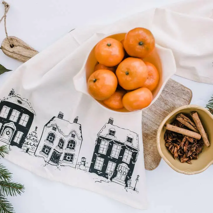 Your Green Kitchen Holiday Tea Towel Featuring Festive Houses Design 1